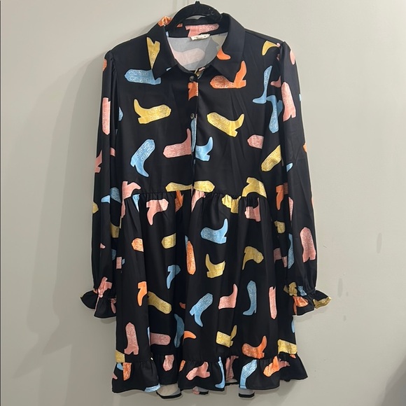 Jodifl Black Pink Yellow Cowboy Boots Western Long Sleeve Dress Size Small - Picture 1 of 10